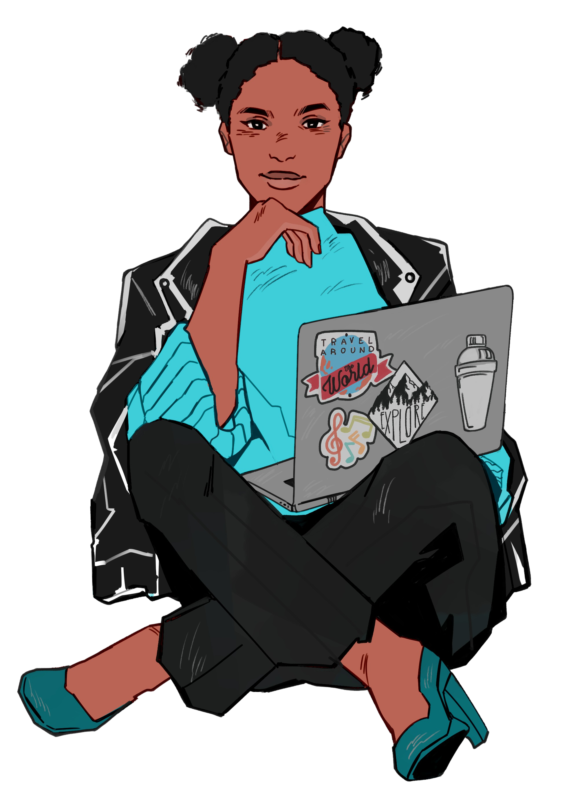 Illustration of Cara, a black girl with two afro puffs and a slight smile on her face sitting criss cross. She is wearing a black motorcycle jacket, over a turquoise sweater, black pants, and dark green heels. In her lap she has a laptop that has stickers that express her interests (bartending, traveling, and music).
