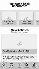Low fidelity wireframe of the home screen that has "New Articles, based on your interests" at the top.
