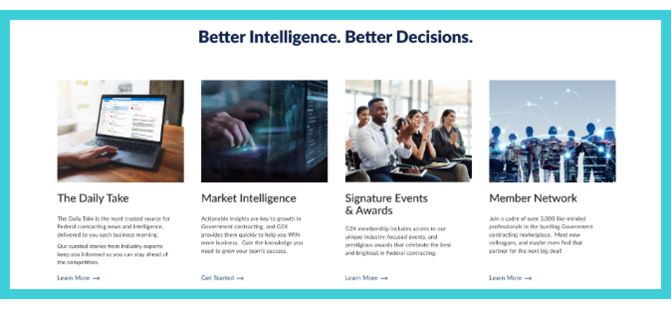 Screenshot of G2Xchange landing page with a rectangle around the features of the site