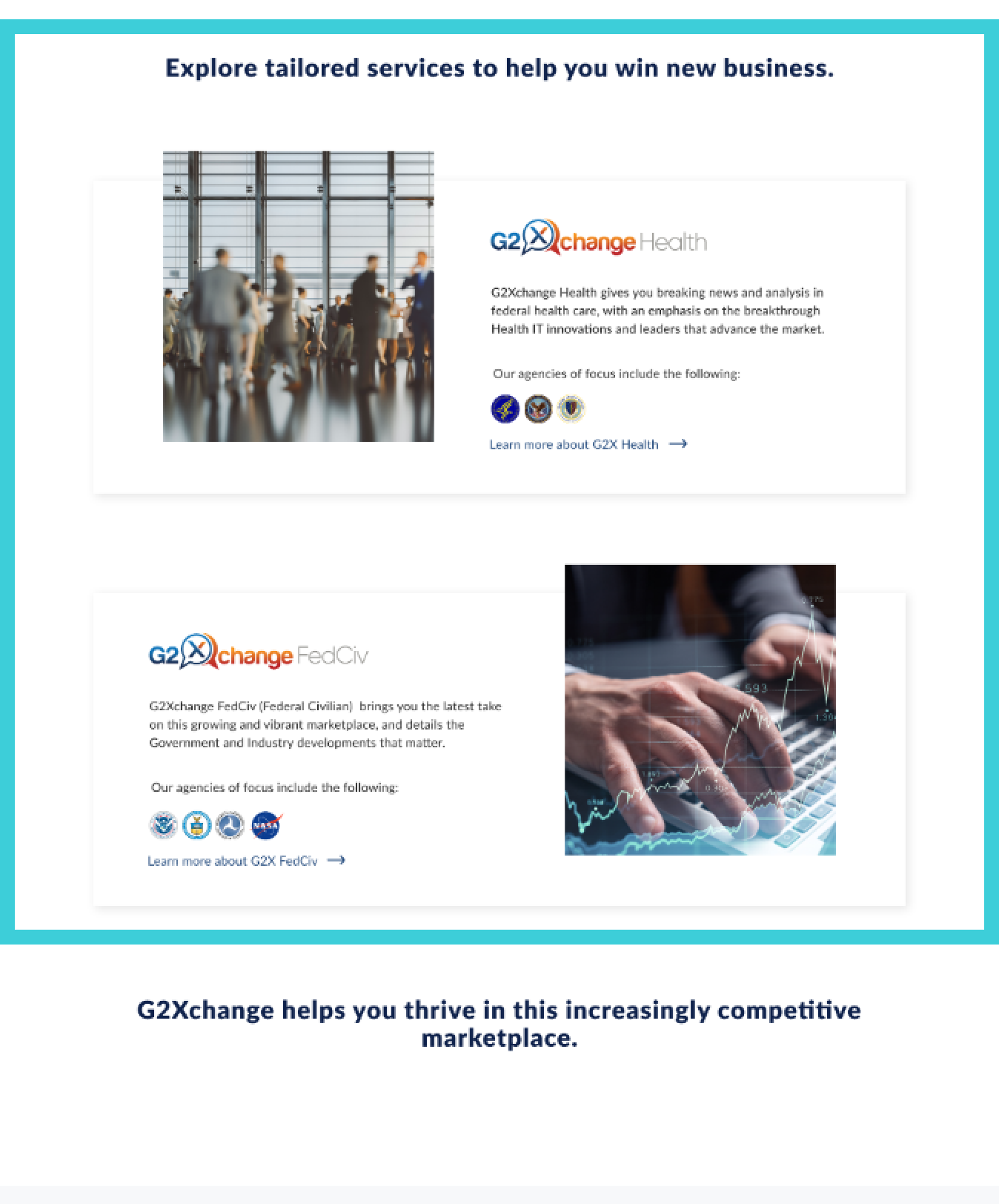 Screenshot of G2Xchange landing page with a rectangle around the the two products: G2Xchange Health and G2Xchange FedCiv
