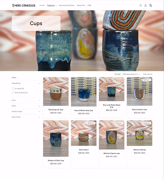 New Hebe Ceramics product page without the "Explore by Product" section