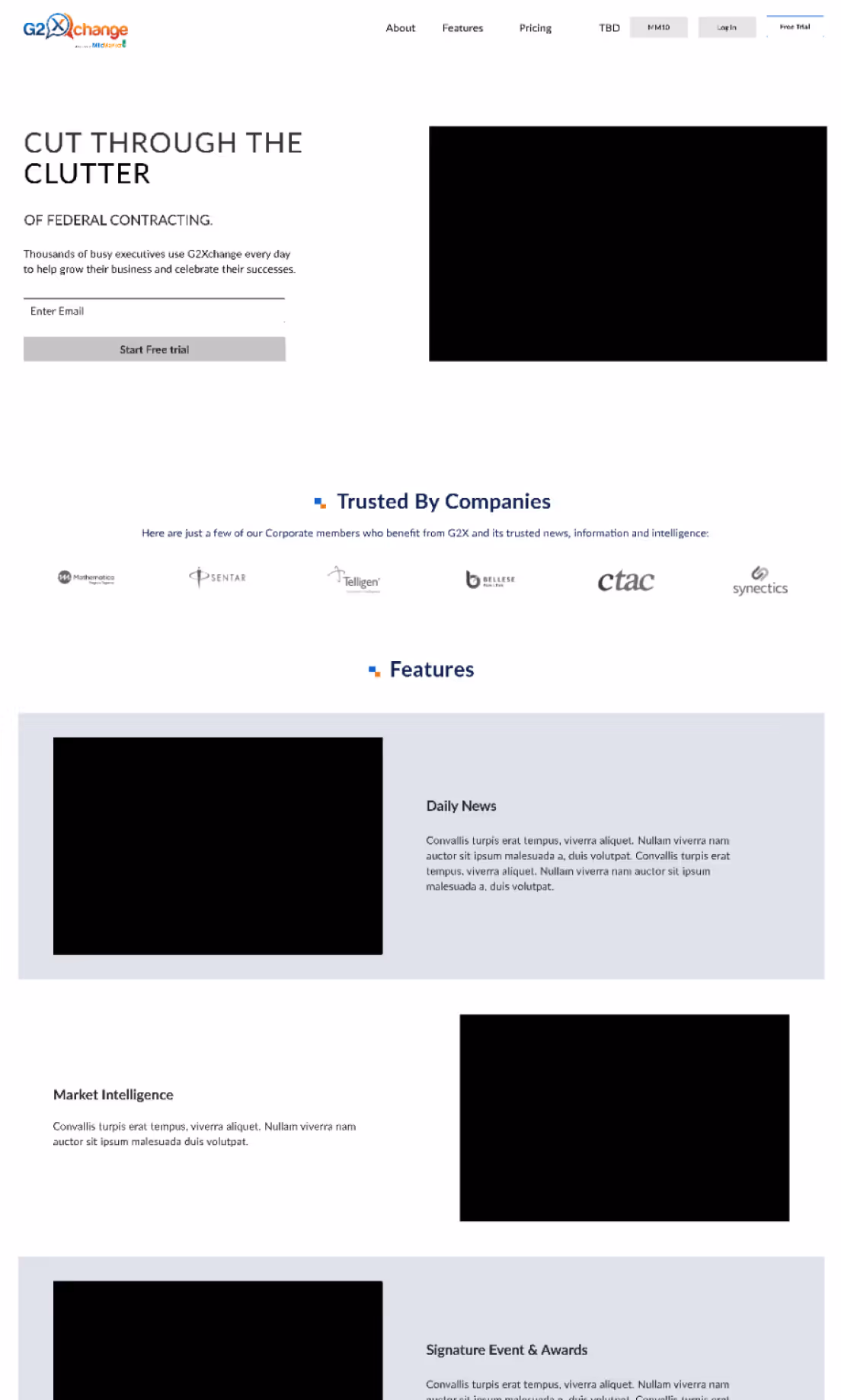 Lo-fidelity screen of G2X Landing page