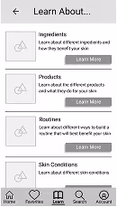 Low fidelity wireframe of the "Learn About" screen