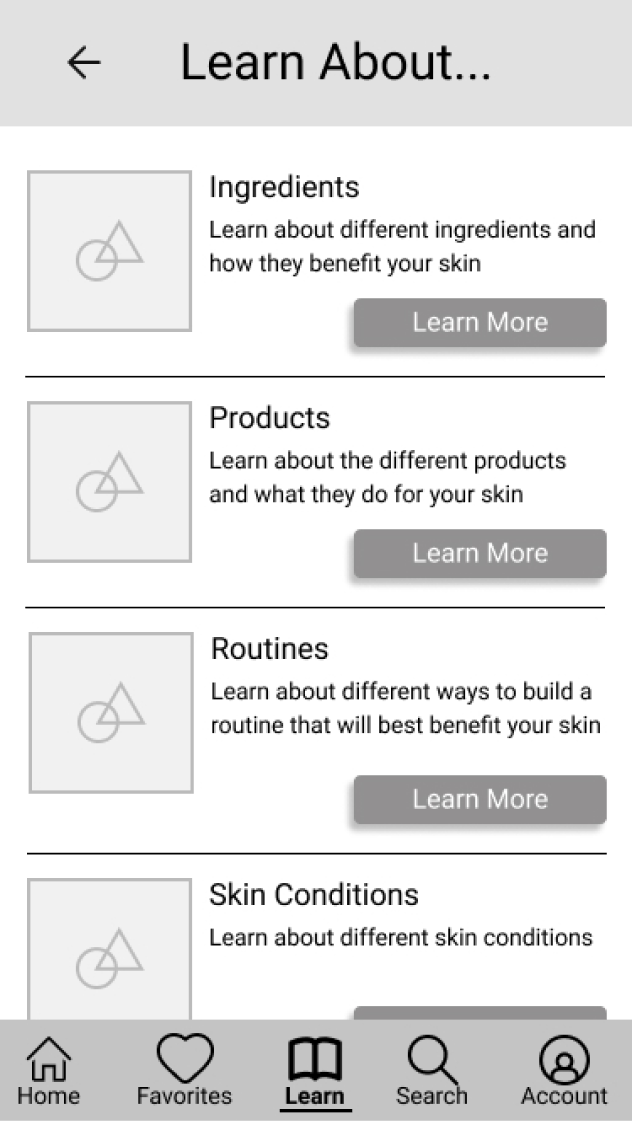 Learn About product screen wireframe
