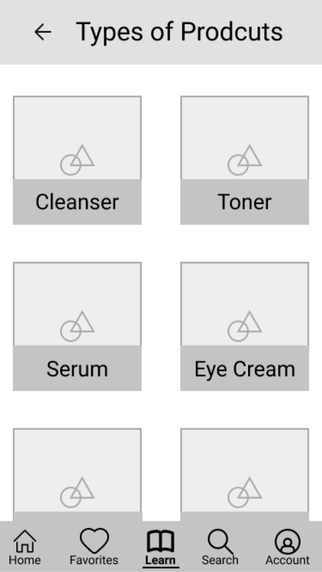 Product Type Wireframe screen