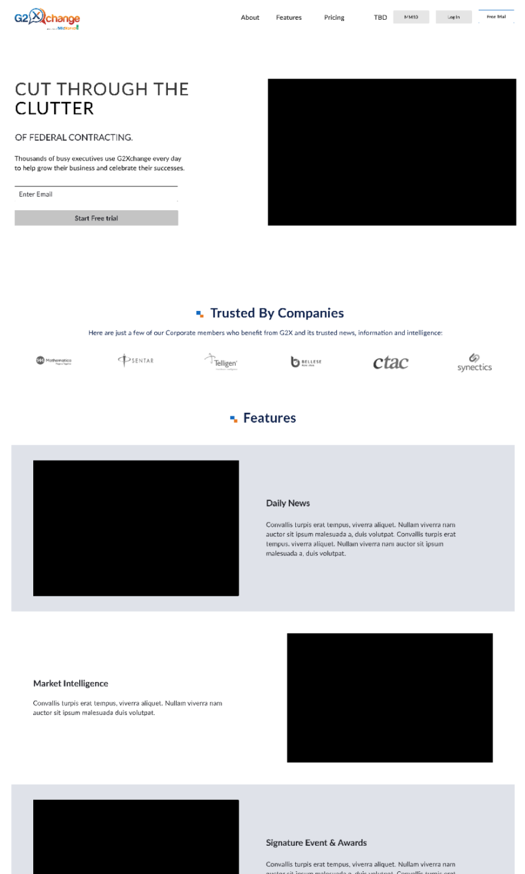 Greyscale wireframe of G2X webpage redesign